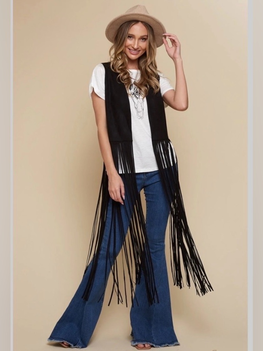 Willa Black Faux Suede Fringe Duster Vest Boho Western Festival Size M